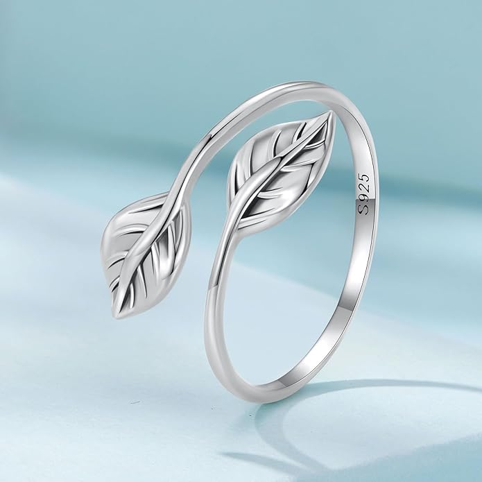 MUNDELL 925 Sterling Silver Simple Multi-layer Leaf Adjustable Ring Green Lucky Leaves Statement Ring for Women Promise Ring Fine Jewelry
