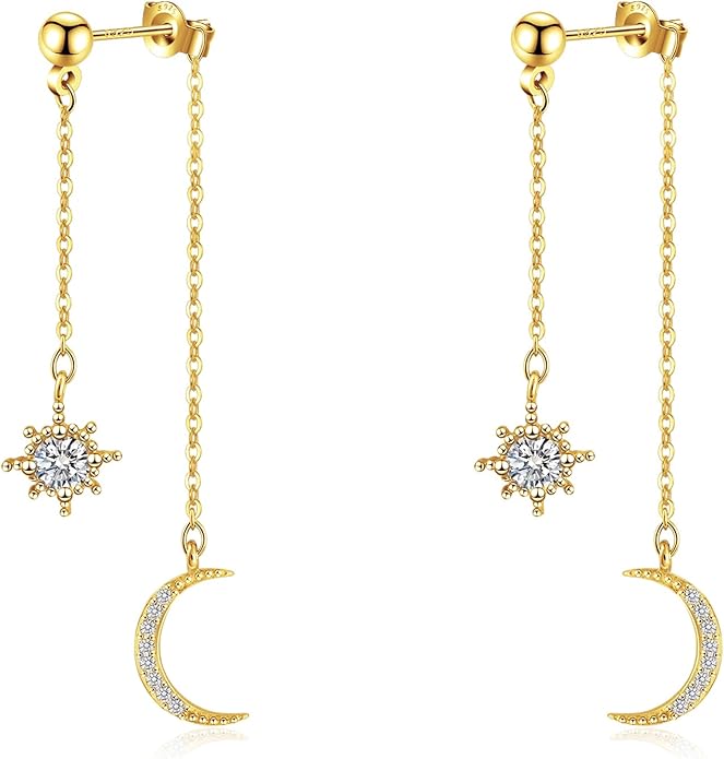 Moon and Star dangle Earrings for Women Chain Tassel with Cubic Zirconia Drop Celestial Jewelry for Wedding Gift