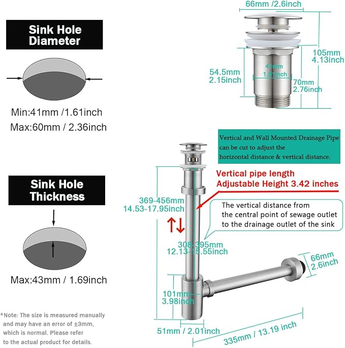 Brass Round Bottle P-Trap with Pop Up Drain Stopper with Overflow, 1 1/4 - Image 2
