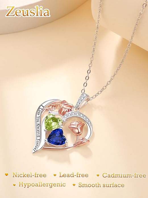 Valentine's Day Gifts for Wife 925 Sterling Silver Double Birthstone Pendant Necklaces I Love You for Always and Forever Necklace Anniversary Birthday Gifts for Wife Girlfriend Mom Her