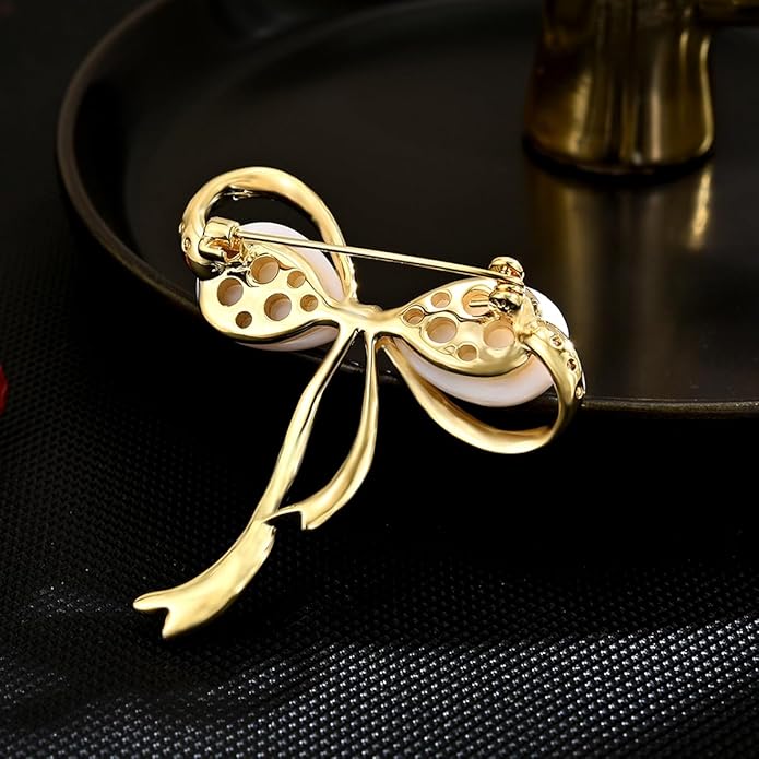 Bow Knot Pin Rhinestone Crystal Pearl Brooch 18k Gold Plated Lapel Pin Birthday Jewelry Gift for Women Men