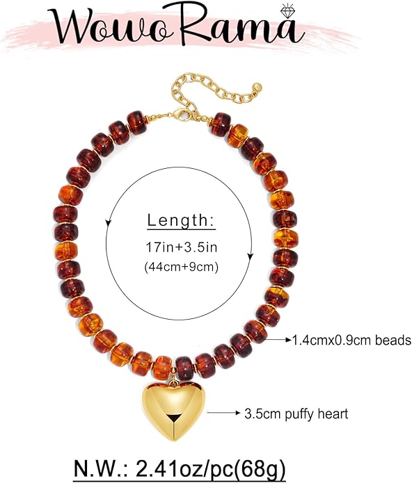 WOWORAMA Chunky Heart Necklaces for Women Colorful Resin Beaded Choker Necklace Gold Puffy Heart Statement Necklace Trendy Acrylic Choker Jewelry