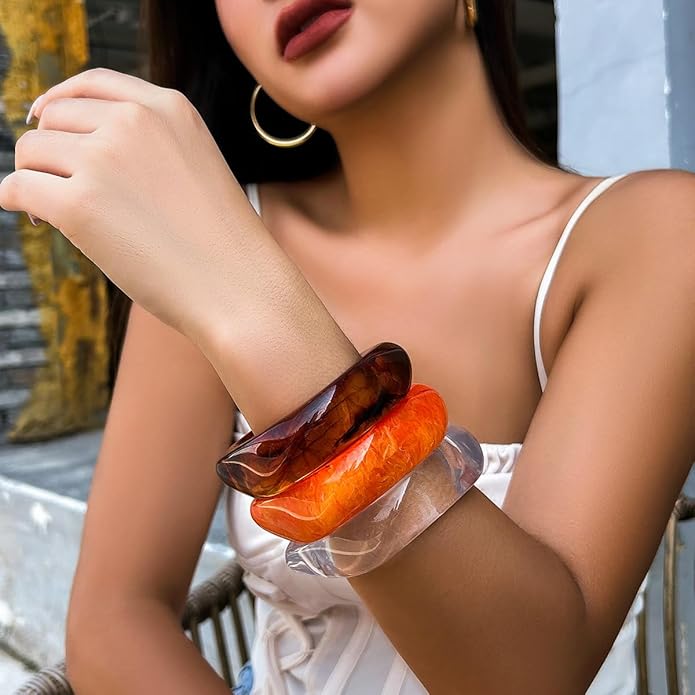 ALEXTINA 3Pcs Acrylic Resin Bangles for Women, Wide Resin Bracelets Chunky Cuff Bracelets Set Stackable Bracelets, Summer Vacation Jewelry Gift for Women