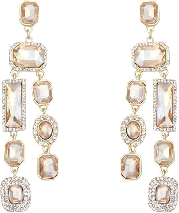 Vintage Rectangle Teardrop Chandelier Earrings, Art Deco Wedding Austrian Crystal Drop Dangle Earrings for Women Party Prom