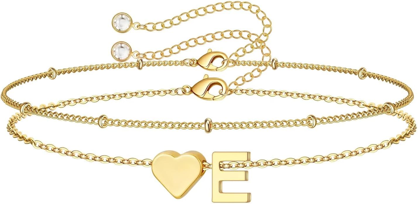 M MOOHAM Valentines Day Gifts for Kids Teen Girls -14K-Gold-Plated Heart Initial A-Z Bracelets for Women Girl Dainty Gold Bracelets Birthday Valentines Gifts for Women Her Teenage Girls Kid Teen Gift