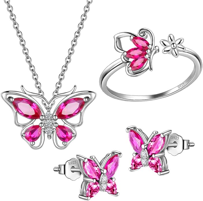 925 Sterling Silver Birthstone Butterfly Jewelry Women Crystal Animal Cute Butterflies Birthday Necklace/Earring/Ring/Bracelet Sets Birth Stone Statement Anniversary Jewellery