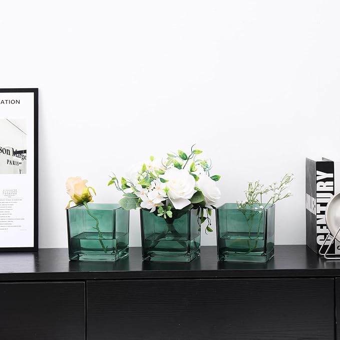 Square Green Glass Vases Set of 6, Square Vase - Image 3