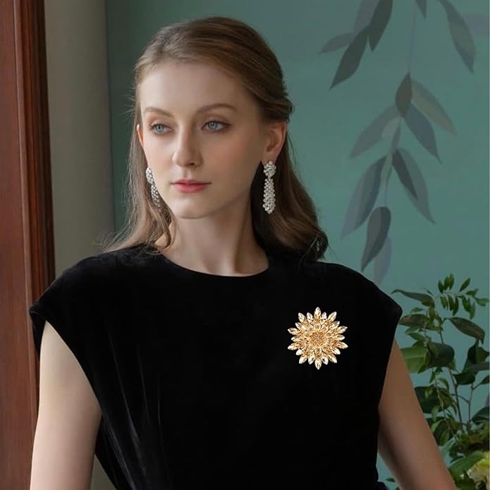 Wanheart Sunflower Brooch Pin Rhinestone Crystal Flower Jewelry Vintage Elegant Brooch for Women Dress Hat Bag Accessories