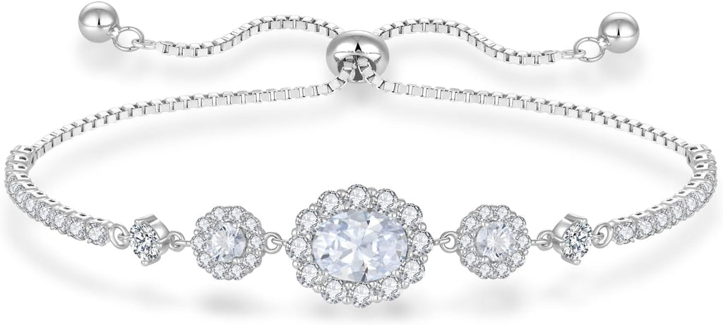 925 Sterling Silver Birthstone Bracelets for Women, Adjustable Halo Cubic Zirconia CZ Bracelet Anniversary Birthday Jewerly for Mom Wife