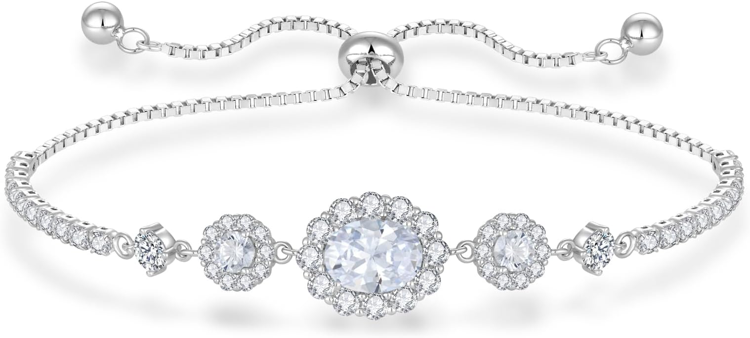 925 Sterling Silver Birthstone Bracelets for Women, Adjustable Halo Cubic Zirconia CZ Bracelet Anniversary Birthday Jewerly for Mom Wife
