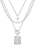 MJartoria Layered Initial Necklaces for Women Trendy, 14K Gold Plated Brass Simple Dainty Cross Choker Square Letter Pendant Necklace, Paperclip Chain Necklaces Jewelry