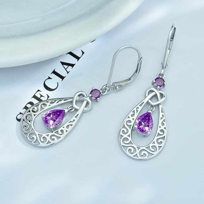 Teardrop Birthstone Dangle Drop Earrings Sterling Silver Infinity Filigree Leverback Earrings, Infinity Love Birthday Anniversary Valentines Day Gifts for Her Women Mom Wife