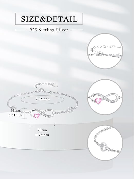 Dorunmo Infinity Heart Anklet Bracelet for Women 925 Sterling Silver Adjustable Infinity Birthstone Bracelet Friendship Jewelry Gifts for Women Birthday Christmas