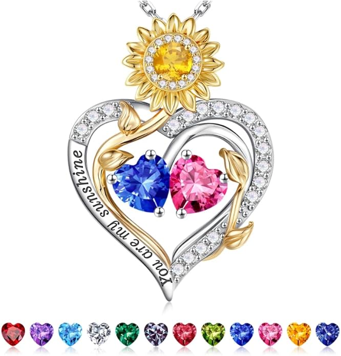 Iefil Valentines Day Gifts for Her - 925 Sterling Silver Sunflower Double Birthstone Necklace for Women, Anniversary Birthday Gifts for Wife, You Are My Sunshine Necklaces, Jewelry for Wife Mom