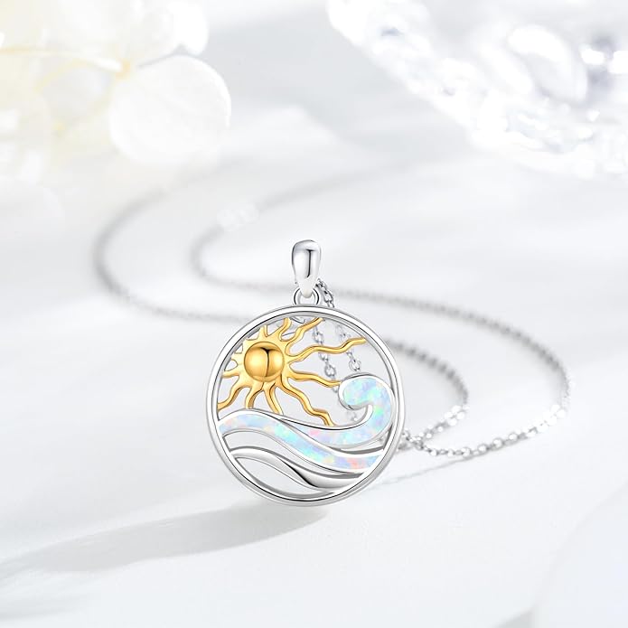 Midir&Etain Ocean Necklace 925 Sterling Silver Blue Opal Necklace Starfish/Flip Flop/Shark Pendant Beach Ocean Jewelry for Women