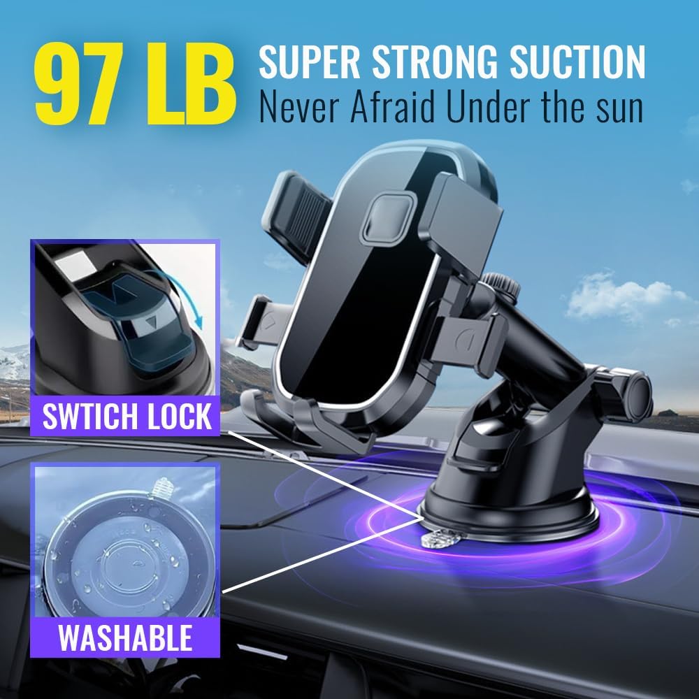 Upgraded 3-in-1 Phone Holders for Your Car, Heavy-Duty Car Phone Mount for Dashboard, Windshield & Vent, Universal Cell Phone Holder for iPhone & Android