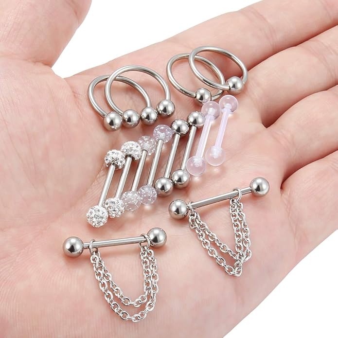 Hoeudjo 14Pcs 14G Surgical Steel Chain Dangle Nipple Rings Barbell Piercing Jewelry Retainer for Women