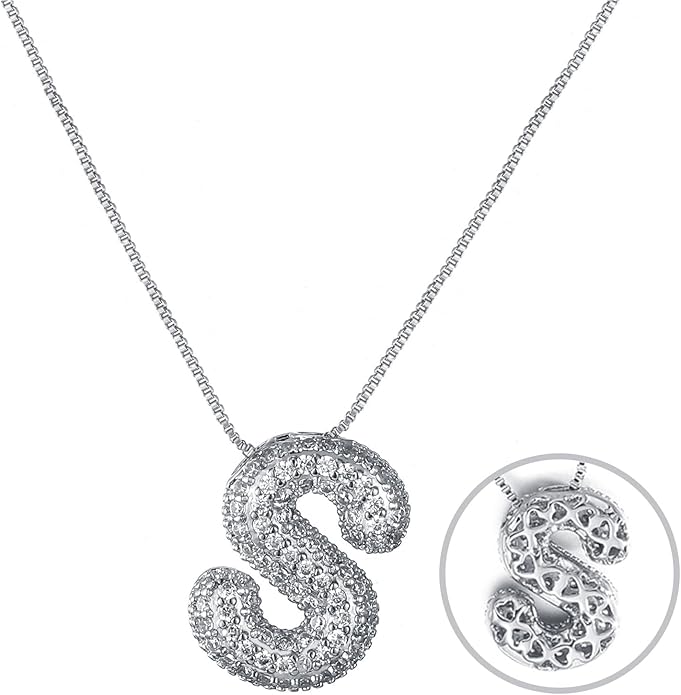 RWQIAN Letter Necklace for Women Bubble, Chunky Initial Alphabet A-Z Pendant Puffy Name Personalized Necklace Dainty Zircon CZ Fashion Jewelry Gifts for Girls Girlfriend