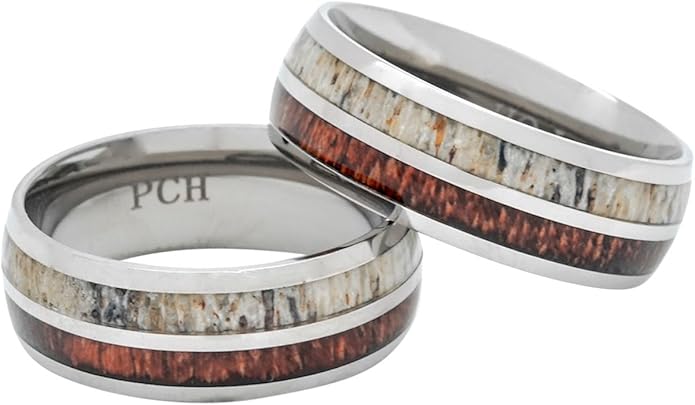 Deer Antler and Koa Wood Ring Titanium Mens Wedding Band Comfort Fit