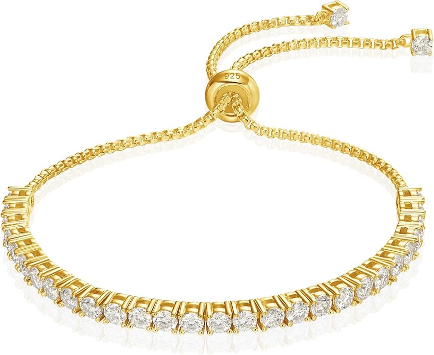 LOVE&LOVE Moissanite Tennis Bracelet for Women, Adjustable 18K Gold Plated 925 Sterling Silver Bracelet, 3/4mm D VVS1 Round Cut, Luxury Jewelry Gift for Wife Mom Girlfriend Birthday Anniversary