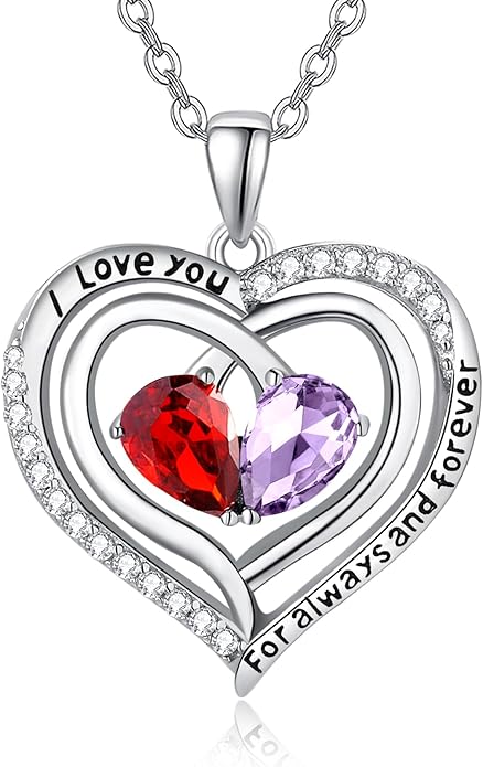 Valentine's Day Gifts for Wife 925 Sterling Silver Double Birthstone Pendant Necklaces I Love You for Always and Forever Necklace Anniversary Birthday Gifts for Wife Girlfriend Mom Her