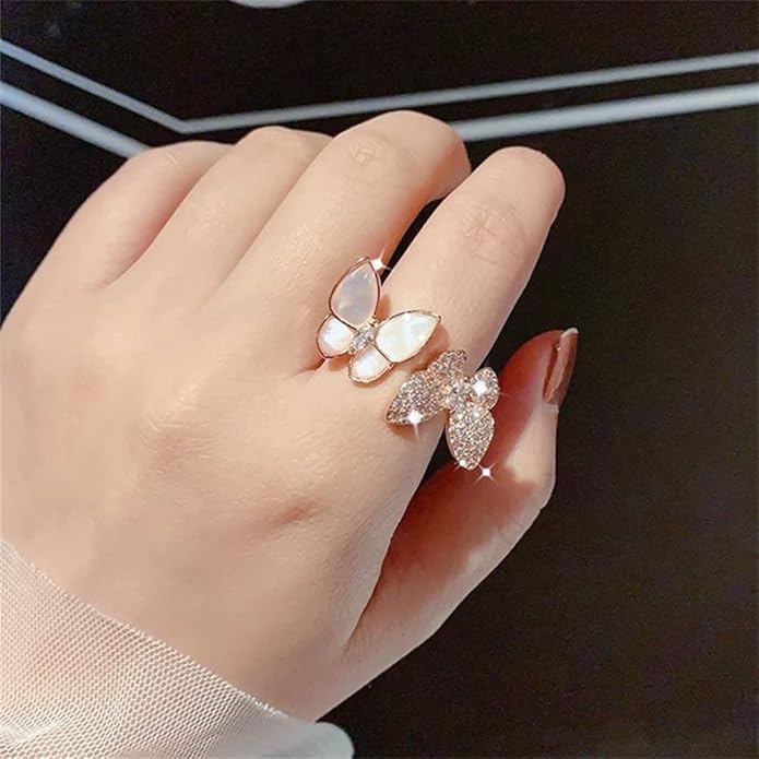 Double Butterfly Rings for Women AAA Cubic Zirconia Finger Ring Ladies Fashion Hand Jewelry Natural Stone Adjustable Ring