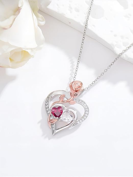 Rose Flower Heart Pendant for Women Birthday Gifts 18k Gold Plated Mother Daughter Necklace with 12 Months Birthstone Christmas Valentines Day Gifts for Her Mom Anniversarry Jewelry for Mom Wife Girlfriend