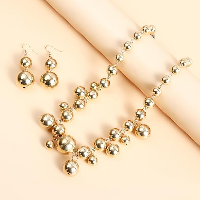 Chunky Gold Beads Necklaces for Women,Vintage Exaggeration Necklace Statement Punk Big Thick Beaded Necklace Fashion Classic Jewelry