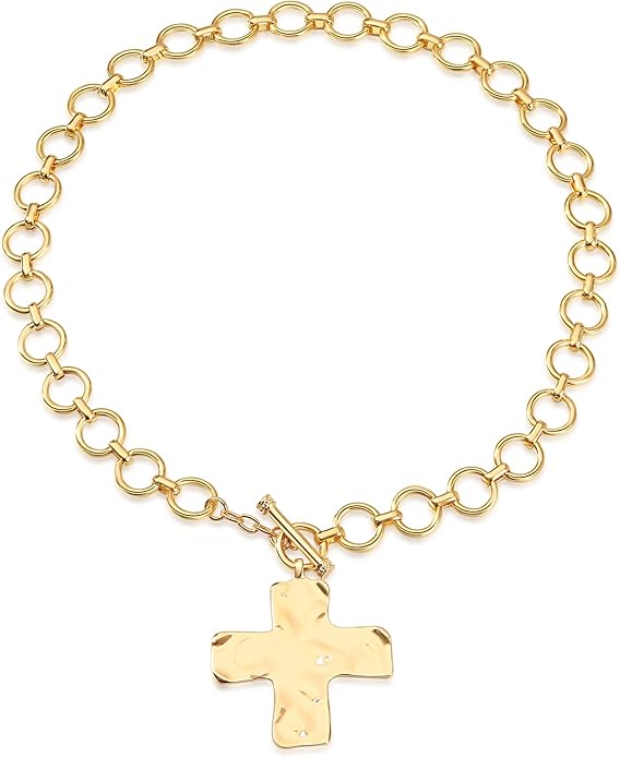 MQV Chunky Statement Gold Hammered Bold Cross Necklace Thick Chain Vintage Chain Pendant Jewelry