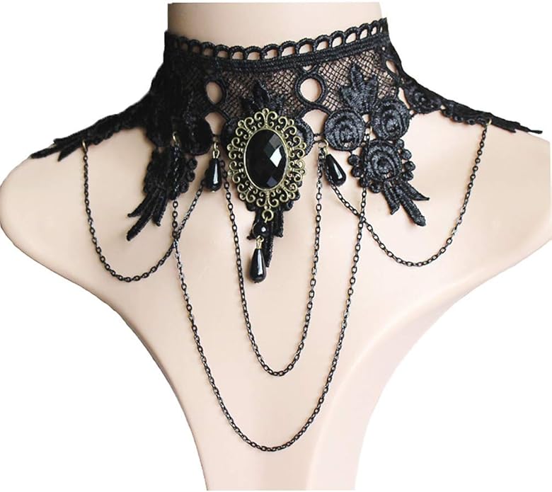 Halloween Elegant Sexy Women Lady Retro Gothic Punk Style Necklace Black Lace Neck Chain Collar Statement Choker Victorian Steampunk Jewelry Party Wedding Princess,5 Pieces/Set