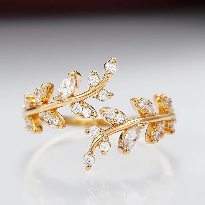 Adjustable S925 Sterling Silver Ring for Women,Branch Leaves Band Stacking Finger Ring,Paved Cubic Zirconia Stone Stackable Open Ring
