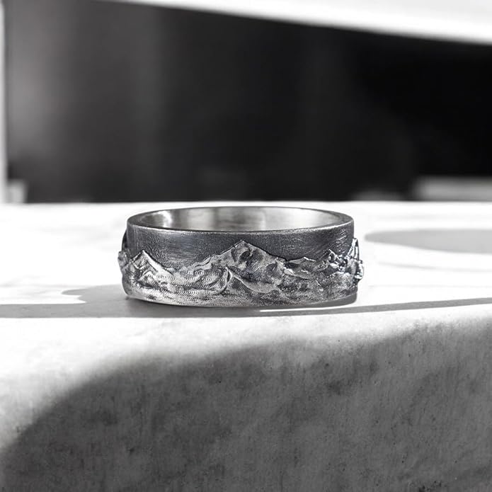 Mountain Range Band Ring For Men, 925 Sterling Silver Nature Inspired Vintage Mens Rings, Rustic Mens Wedding Band, Handmade Oxidized Silver Jewelry For Men, Unique Gifts for Him