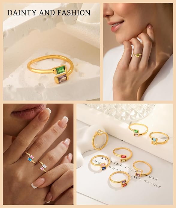 Honsny Gold Birthstone Rings for Women Non Tarnish 14K Gold Plated Adjustable Emerald Ring Cubic Zirconia Gemstone Promise Ring for Her Engagement Personalized Waterproof Jewelry Gifts for Birthday