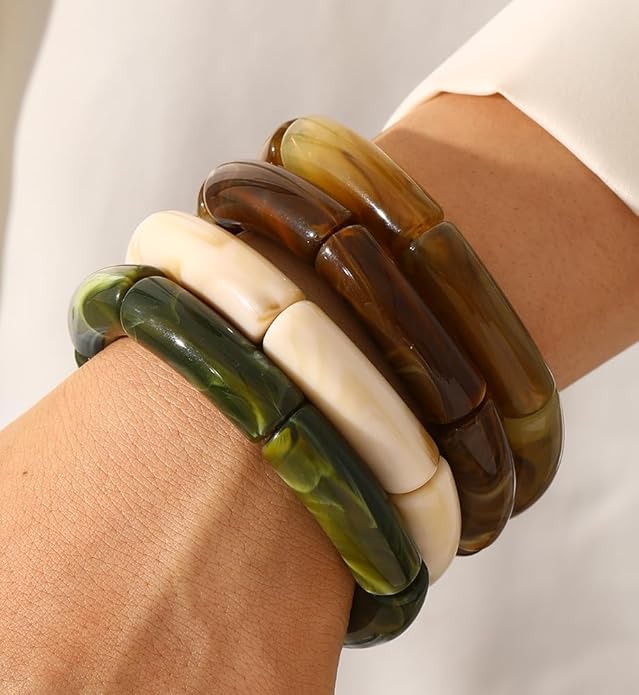 iF YOU 6pcs Chunky Acrylic Bangle Bracelets for Women, Resin Bamboo Brown Stretchy Bracelet Stack, Fashion Jewelry for Women