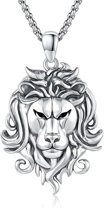 Cuoka Lion Necklace for Men Women S925 Sterling Silver King Retro Punk Gothic Hip Hop Rock Animal Lion Head Pendant Charm Jewelry Chain Necklace Viking Protection Amulet Necklaces