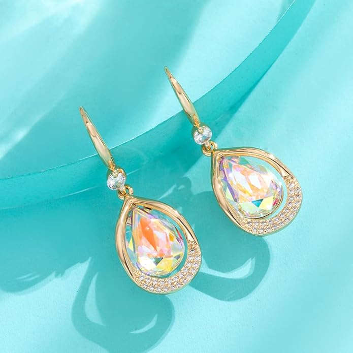 Austrian Crystal Halo Teardrop Hollow Drop Dangle Earrings for Women 14K Rose Gold Plated Hypoallergenic Jewelry Gifts