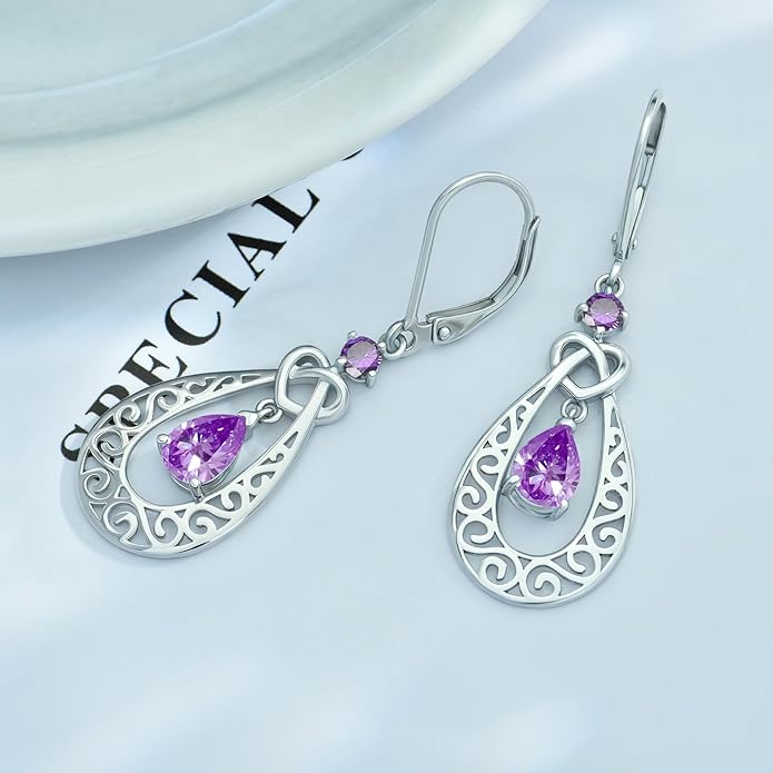 Teardrop Birthstone Dangle Drop Earrings Sterling Silver Infinity Filigree Leverback Earrings, Infinity Love Birthday Anniversary Valentines Day Gifts for Her Women Mom Wife