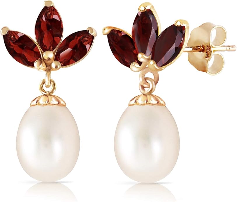 9.5 Carat 14k Solid Yellow Gold Freshwater Pearl Stud Dangle Women Earrings with Natural Garnets