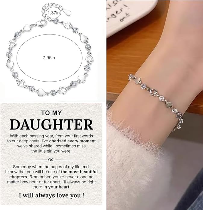 To My Daughter Bracelet, Silver Heart Chain Bracelet with Shiny Stones, Perfect Birthday or Graduation Christmas Gift for Daughter with Message Card and Gift Box