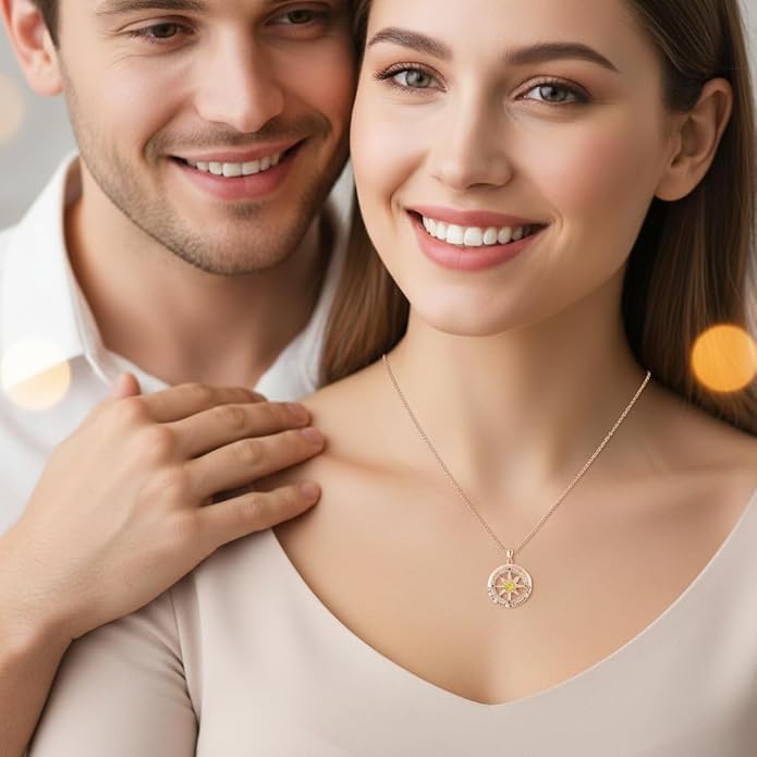 Compass Necklace for Women Wife Girlfriend Mom Daughter Gifts S925 Sterling Silver Jewelry For Anniversary Rose Gold Gifts For Birthday Christmas Mothers Valentines Day 12 Birthstones