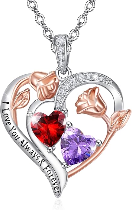 Valentine's Day Gifts for Wife 925 Sterling Silver Double Birthstone Pendant Necklaces I Love You for Always and Forever Necklace Anniversary Birthday Gifts for Wife Girlfriend Mom Her