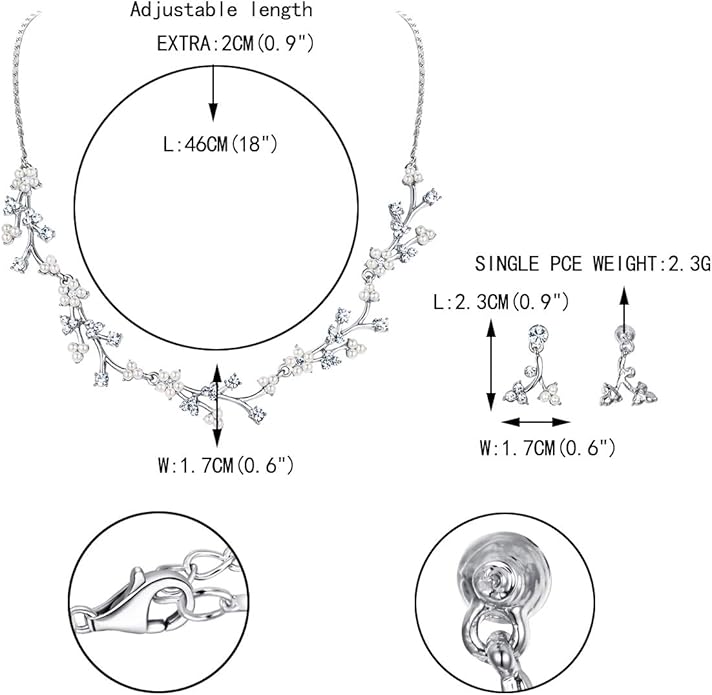 EVER FAITH Bridal Cubic Zirconia Jewelry Sets for Women, White Simulated Pearl Leaf Vine Pendant Wedding Party Necklace Earrings Set for Bridesmaid Bride
