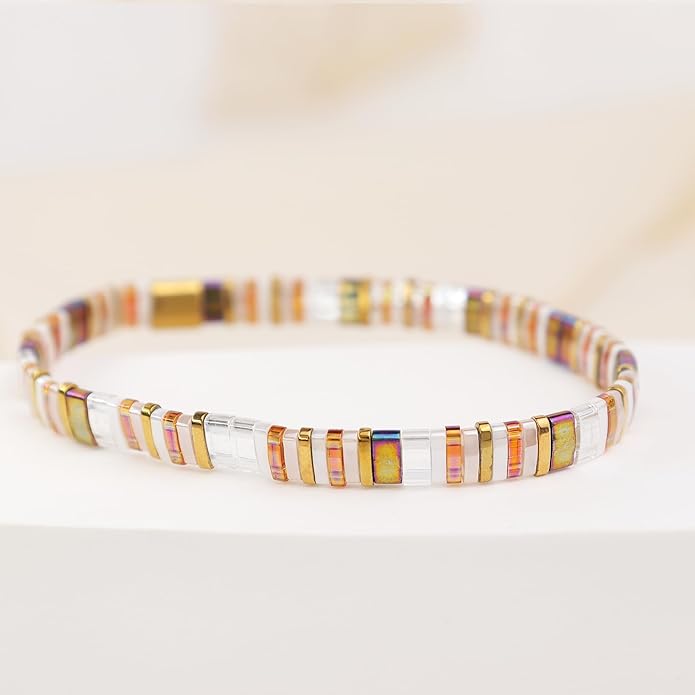 Sonateomber Tila Flat Beaded Stretch Bracelets for Women, Trendy Unique Colorful Square Beads Handmade Stack Bracelet Friendship Accessories Fashion Jewelry Gift