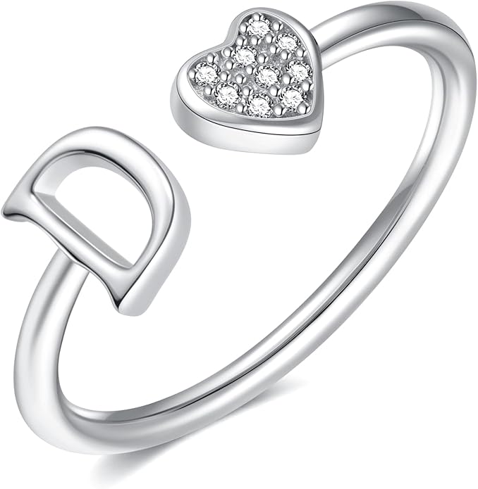 Valentines Day Gift Initial Rings for Teen Girls - S925 Heart Sterling Silver Rings for Teen Girls | 14K Gold/Rose Gold/Sterling Silver Plated Ring for Girls Kids Women Ring for Teenager Girls Gifts Adjustable, No Tarnish, Hypoallergenic