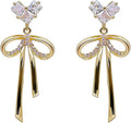 Dainty Brass Bow Dangle Earrings for Women,14K Gold Plated Brass Elegance Love Heart Cubic Zirconian Bowknot Earrings for Prom Wedding Brides