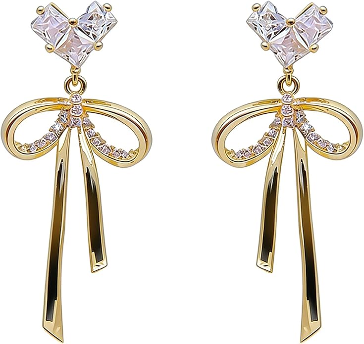 Dainty Brass Bow Dangle Earrings for Women,14K Gold Plated Brass Elegance Love Heart Cubic Zirconian Bowknot Earrings for Prom Wedding Brides