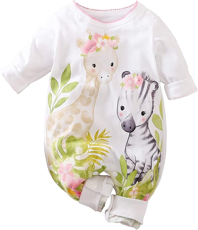 Cute Giraffe + Zebra With Floral Print Long Sleeve Baby Girl Clothes White Jumpsuit baby girl bodysuit