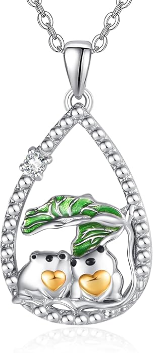 KINGWHYTE Frog Necklace 925 Sterling Silver Animal Necklace Couple Frog Pendant Necklace with Cubic Zirconia Birthday Christmas Jewelry Gifts for Women