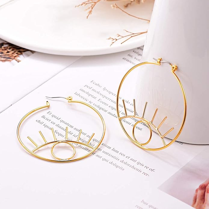 FOCALOOK Gold Eye Earrings for Women 14K Gold Plated Dangle Abstract Evil Eye Hoop Earrings