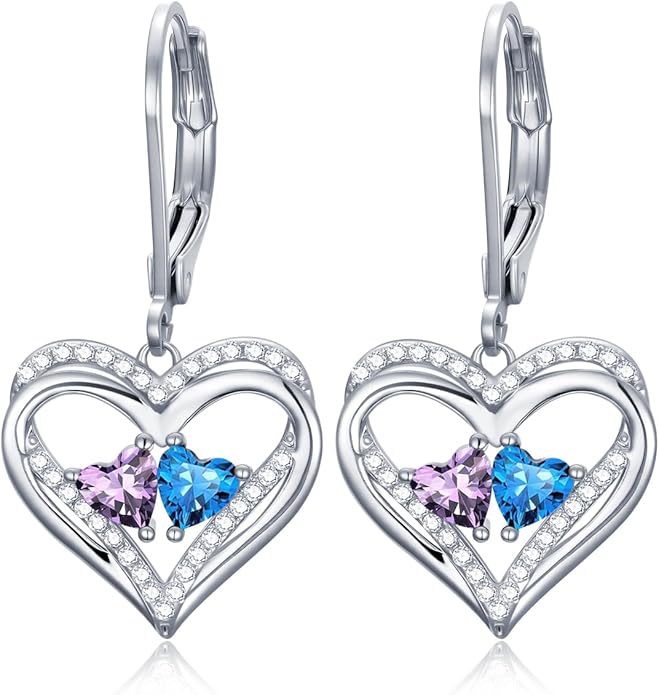 Valentines Day Gifts for Women, Heart Leverback Earrings Double Birthstone Dangle Earrings for Women, Love Jewelry for Her, Anniversary Birthday Gift for Mom Wife Girlfriend